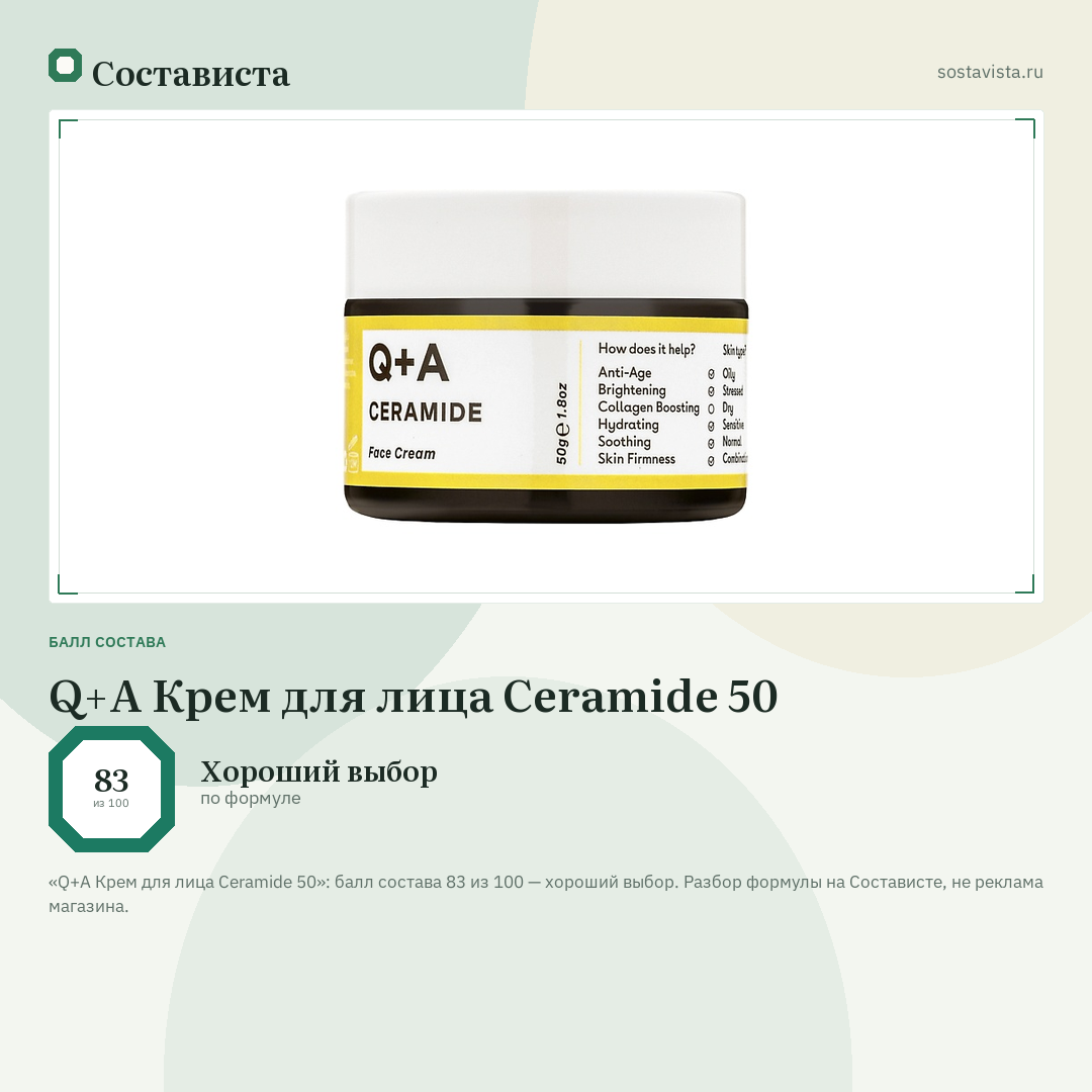 Q+A Крем для лица Ceramide 50: балл состава 83 из 100 — Состависта