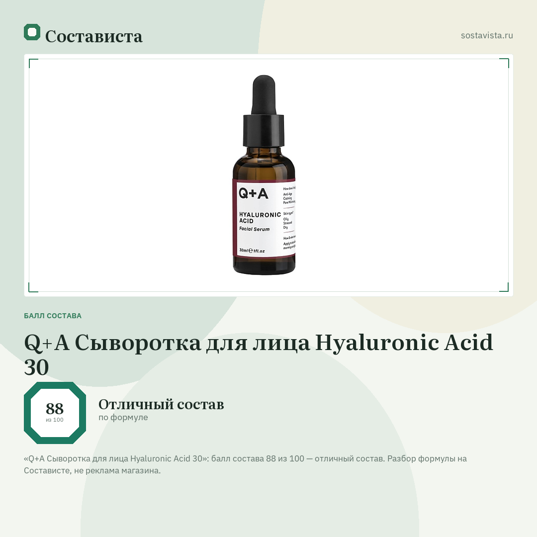 Q+A Сыворотка для лица Hyaluronic Acid 30: балл состава 88 из 100 — Состависта