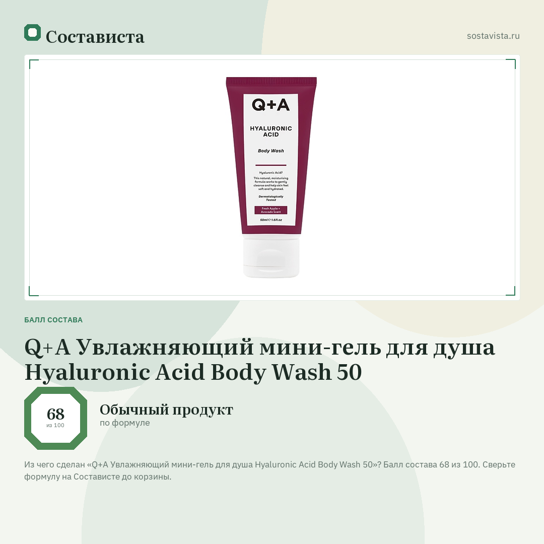 Q+A Увлажняющий мини-гель для душа Hyaluronic Acid Body Wash 50: балл состава 68 из 100 — Состависта