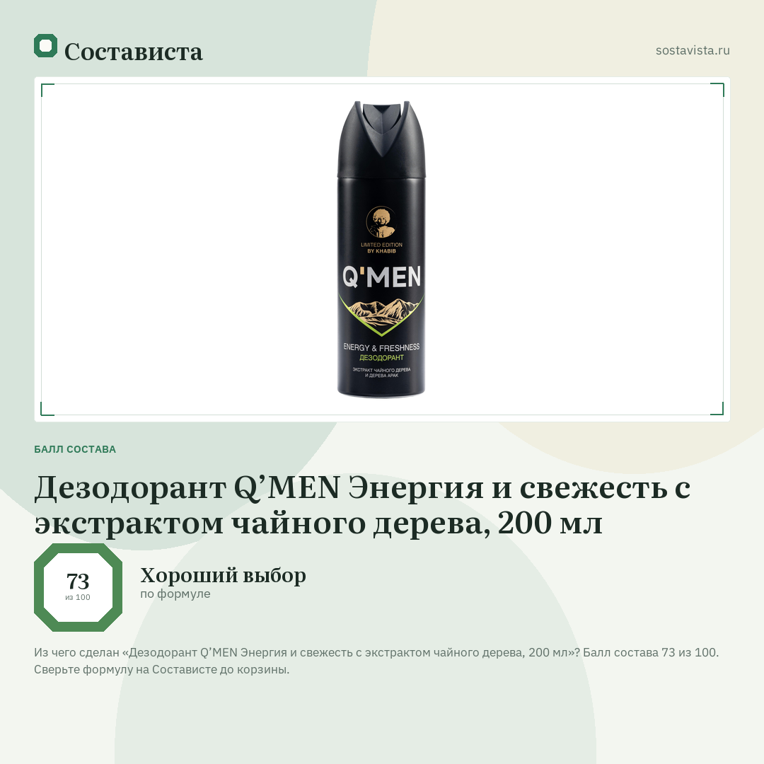 Дезодорант Q’MEN Энергия и свежесть с экстрактом чайного дерева, 200 мл: балл состава 73 из 100 — Состависта
