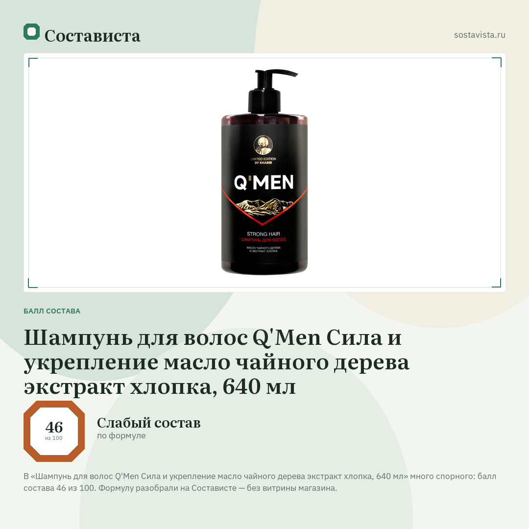 Шампунь для волос Q'Men Сила и укрепление масло чайного дерева экстракт хлопка, 640 мл: балл состава 46 из 100 — Состависта