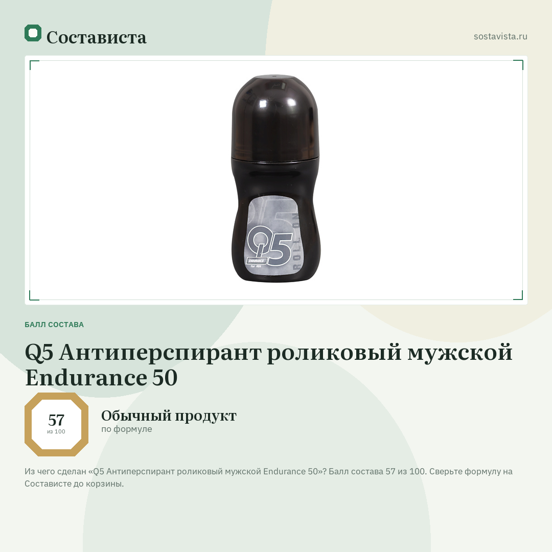 Q5 Антиперспирант роликовый мужской Endurance 50: балл состава 57 из 100 — Состависта