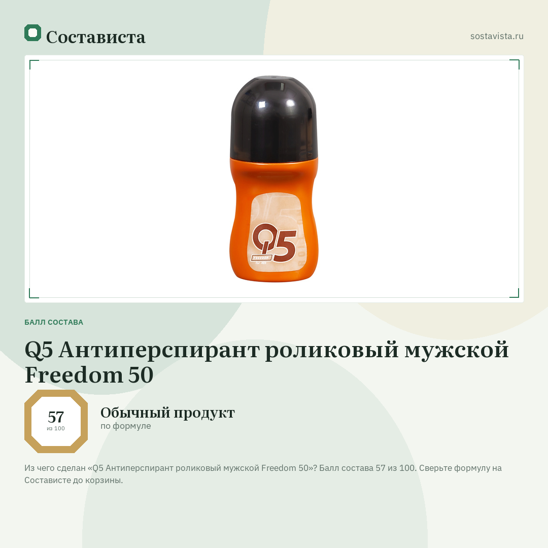 Q5 Антиперспирант роликовый мужской Freedom 50: балл состава 57 из 100 — Состависта