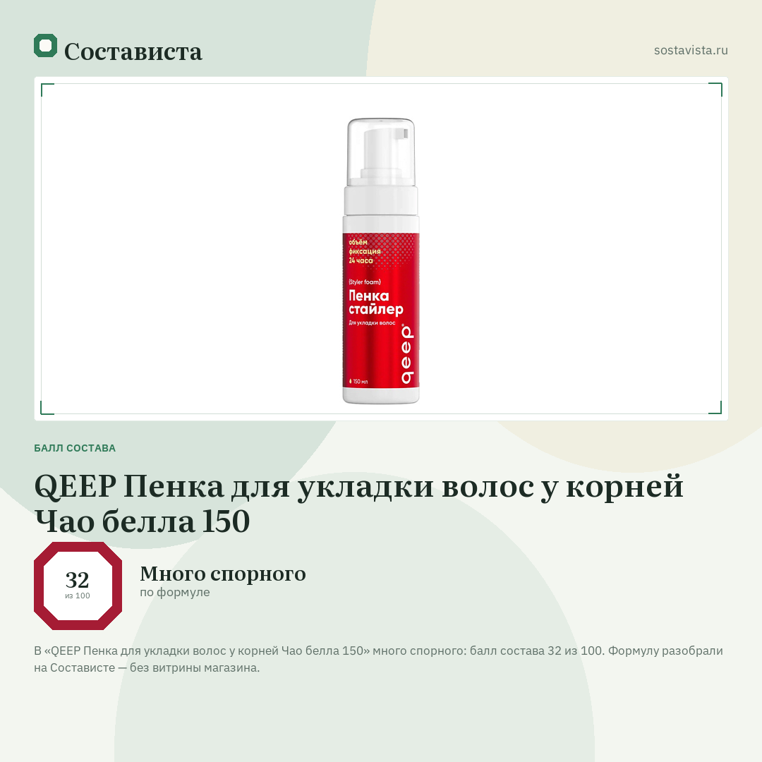 QEEP Пенка для укладки волос у корней Чао белла 150: балл состава 32 из 100 — Состависта