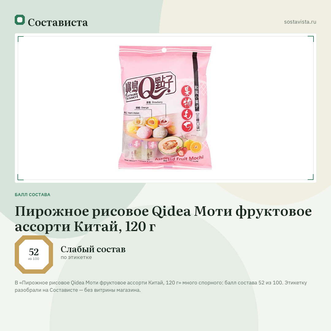 Пирожное рисовое Qidea Моти фруктовое ассорти Китай, 120 г: балл состава 52 из 100 — Состависта