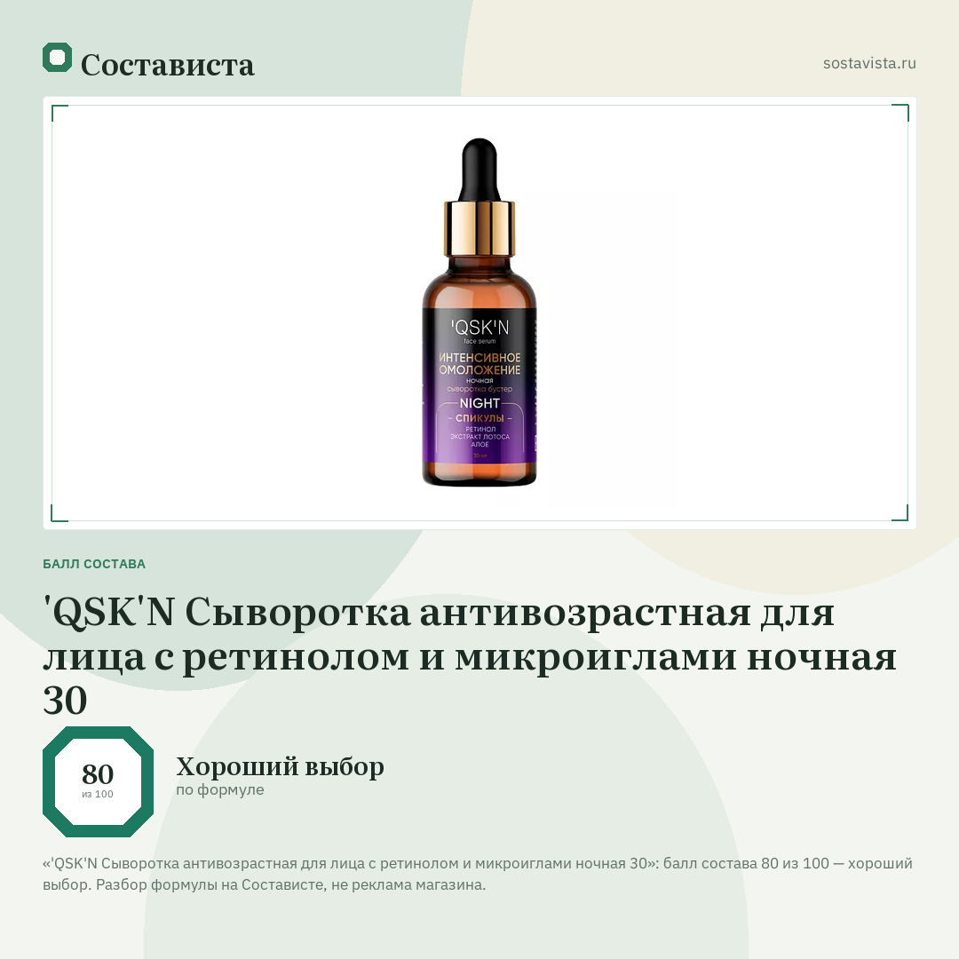 'QSK'N Сыворотка антивозрастная для лица с ретинолом и микроиглами ночная 30: балл состава 80 из 100 — Состависта