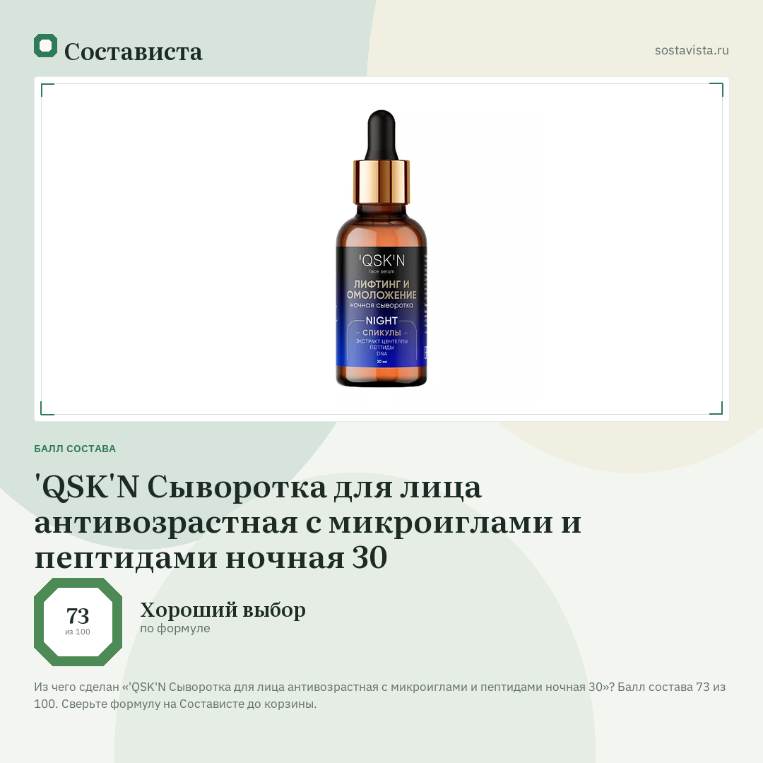 'QSK'N Сыворотка для лица антивозрастная с микроиглами и пептидами ночная 30: балл состава 73 из 100 — Состависта