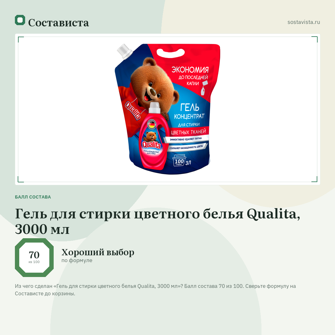 Гель для стирки цветного белья Qualita, 3000 мл: балл состава 70 из 100 — Состависта
