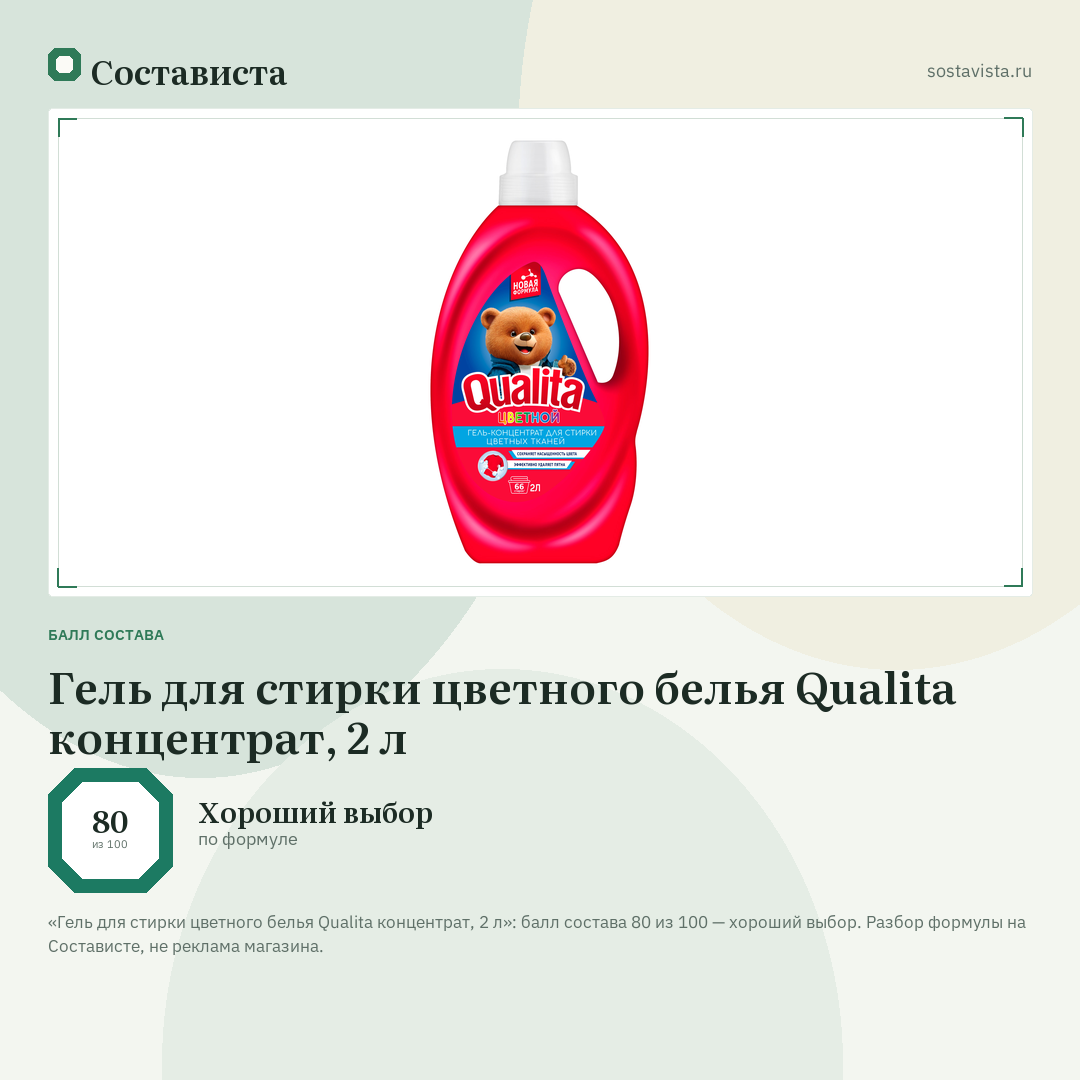 Гель для стирки цветного белья Qualita концентрат, 2 л: балл состава 80 из 100 — Состависта
