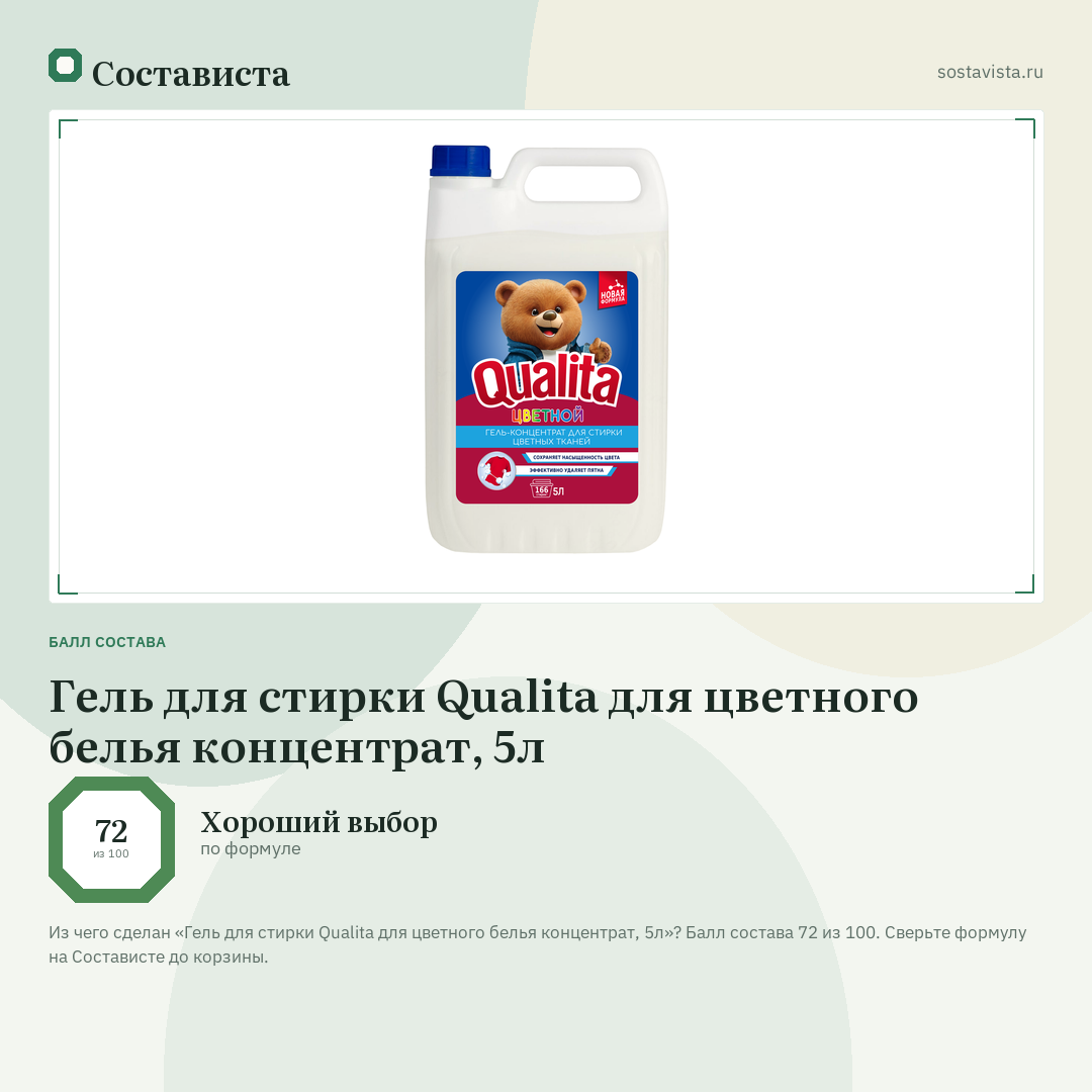 Гель для стирки Qualita для цветного белья концентрат, 5л: балл состава 72 из 100 — Состависта