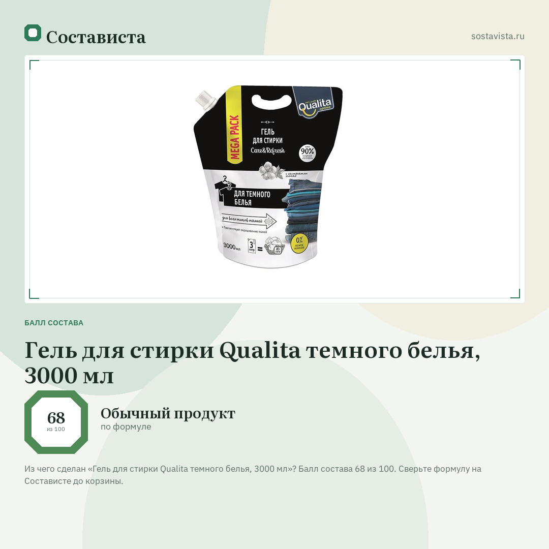 Гель для стирки Qualita темного белья, 3000 мл: балл состава 68 из 100 — Состависта