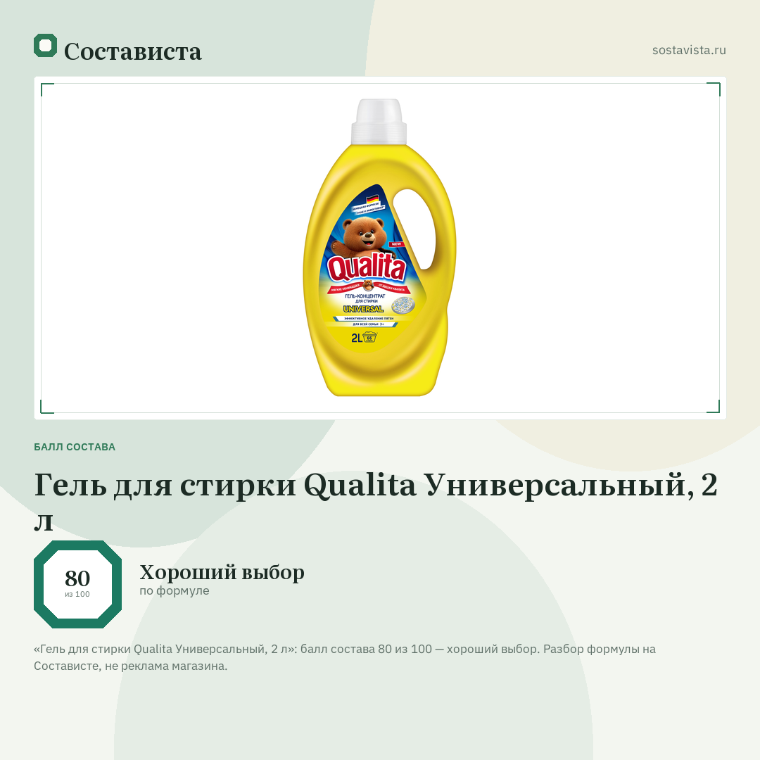 Гель для стирки Qualita Универсальный, 2 л: балл состава 80 из 100 — Состависта