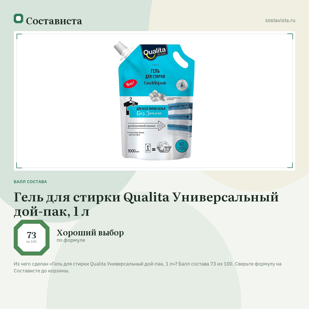 Гель для стирки Qualita Универсальный дой-пак, 1 л: балл состава 73 из 100 — Состависта