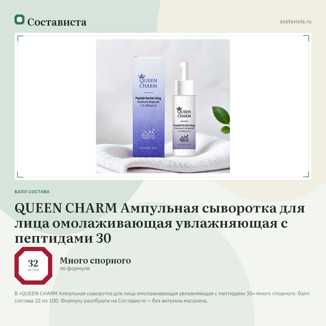 QUEEN CHARM Ампульная сыворотка для лица омолаживающая увлажняющая с пептидами 30: балл состава 32 из 100 — Состависта