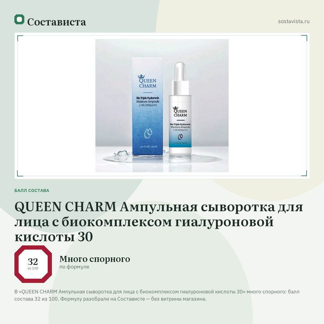 QUEEN CHARM Ампульная сыворотка для лица с биокомплексом гиалуроновой кислоты 30: балл состава 32 из 100 — Состависта