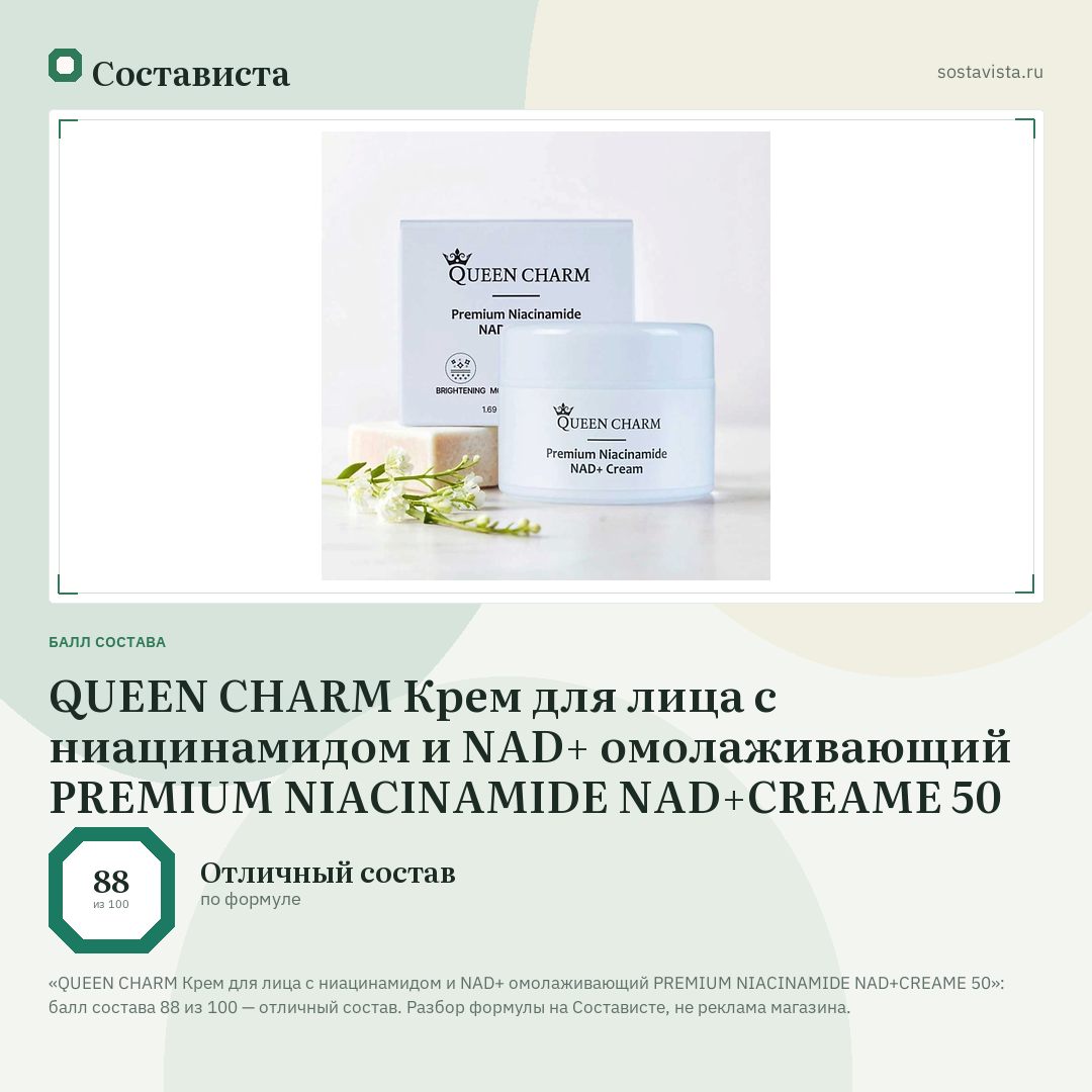 QUEEN CHARM Крем для лица с ниацинамидом и NAD+ омолаживающий PREMIUM NIACINAMIDE NAD+CREAME 50: балл состава 88 из 100 — Состависта