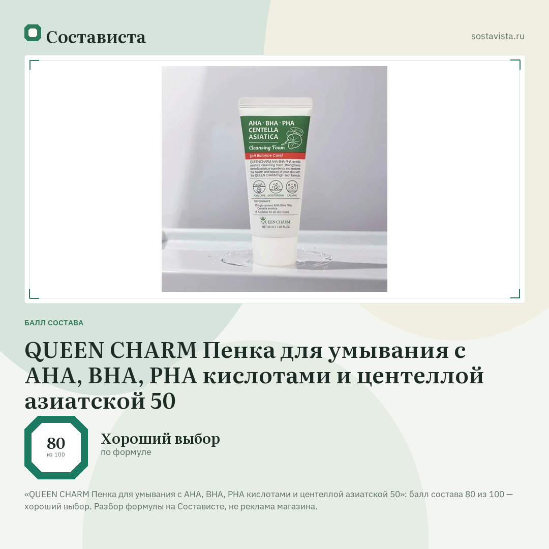 QUEEN CHARM Пенка для умывания с AHA, BHA, PHA кислотами и центеллой азиатской 50: балл состава 80 из 100 — Состависта