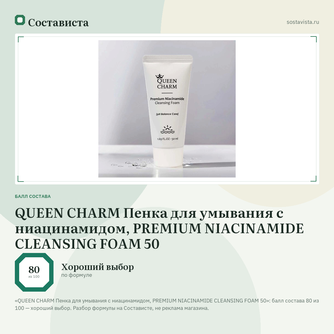 QUEEN CHARM Пенка для умывания с ниацинамидом, PREMIUM NIACINAMIDE CLEANSING FOAM 50: балл состава 80 из 100 — Состависта