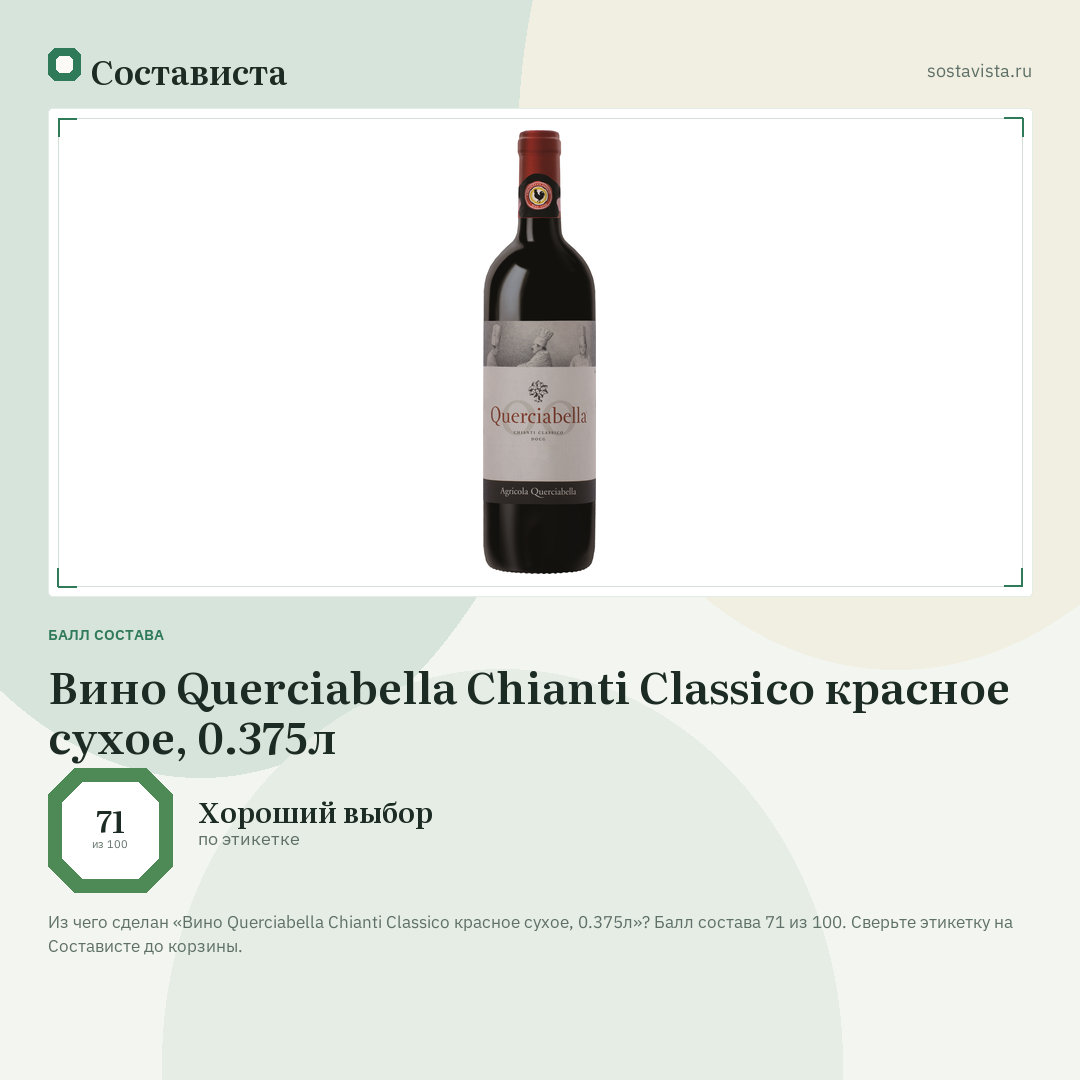 Вино Querciabella Chianti Classico красное сухое, 0.375л: балл состава 71 из 100 — Состависта