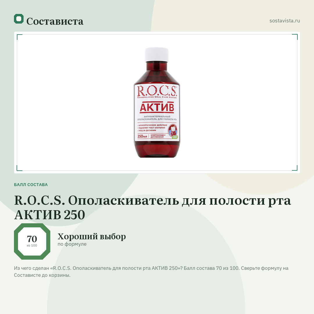 R.O.C.S. Ополаскиватель для полости рта АКТИВ 250: балл состава 70 из 100 — Состависта