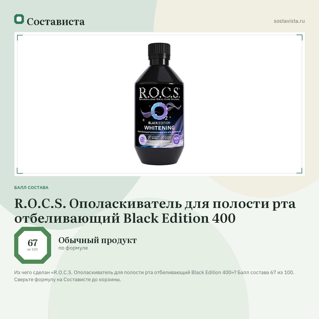 R.O.C.S. Ополаскиватель для полости рта отбеливающий Black Edition 400: балл состава 67 из 100 — Состависта