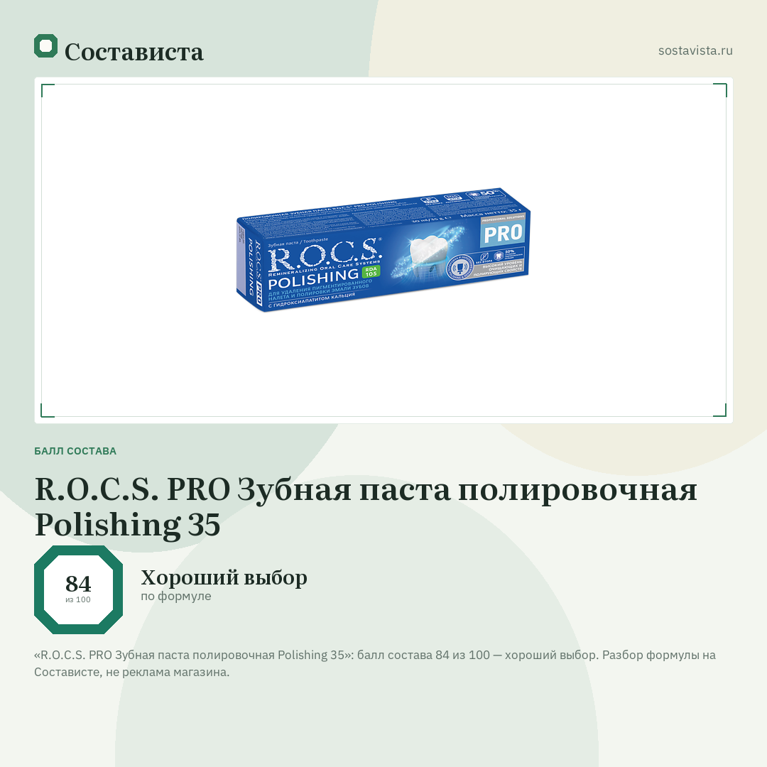 R.O.C.S. PRO Зубная паста полировочная Polishing 35: балл состава 84 из 100 — Состависта