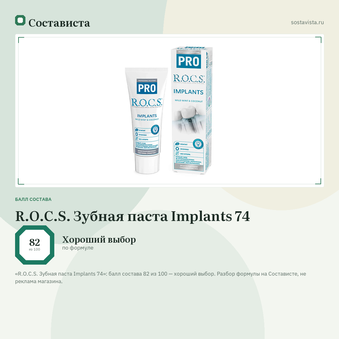 R.O.C.S. Зубная паста Implants 74: балл состава 82 из 100 — Состависта