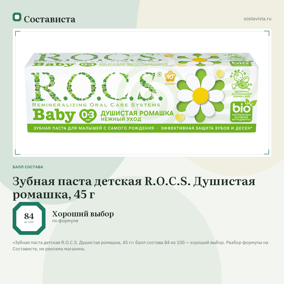 Зубная паста детская R.O.C.S. Душистая ромашка, 45 г: балл состава 84 из 100 — Состависта