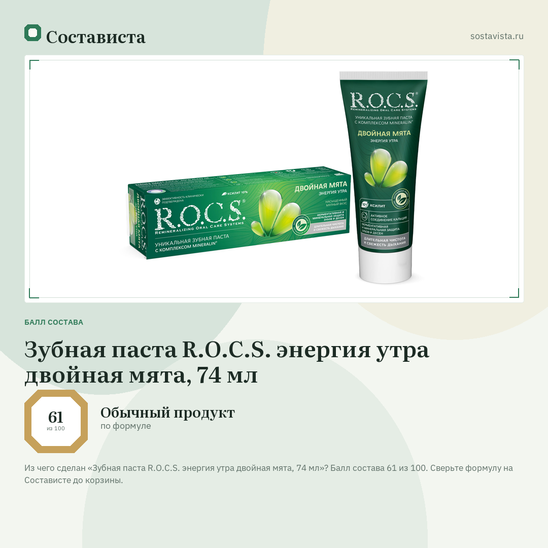 Зубная паста R.O.C.S. энергия утра двойная мята, 74 мл: балл состава 61 из 100 — Состависта
