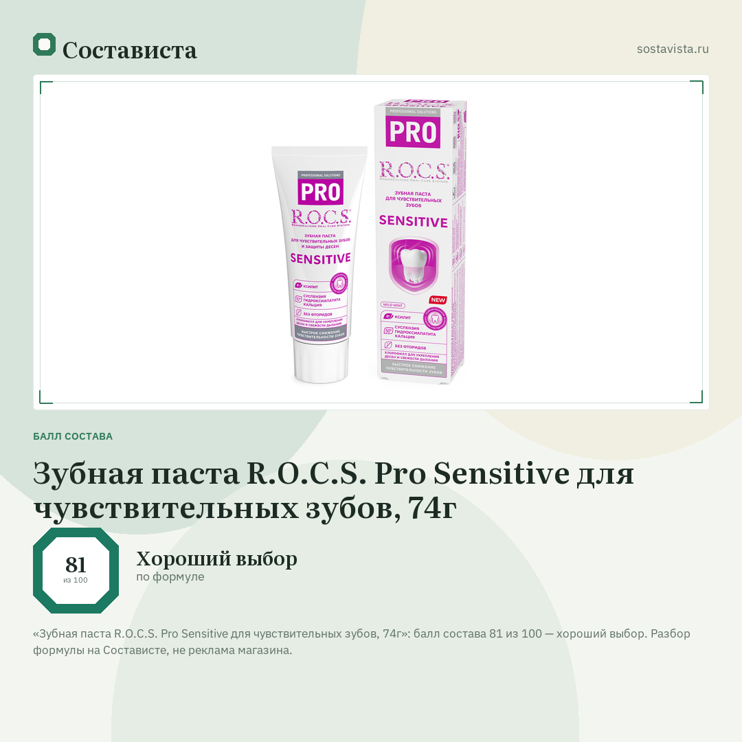 Зубная паста R.O.C.S. Pro Sensitive для чувствительных зубов, 74г: балл состава 81 из 100 — Состависта