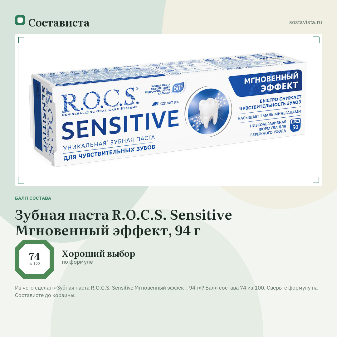 Зубная паста R.O.C.S. Sensitive Мгновенный эффект, 94 г: балл состава 74 из 100 — Состависта