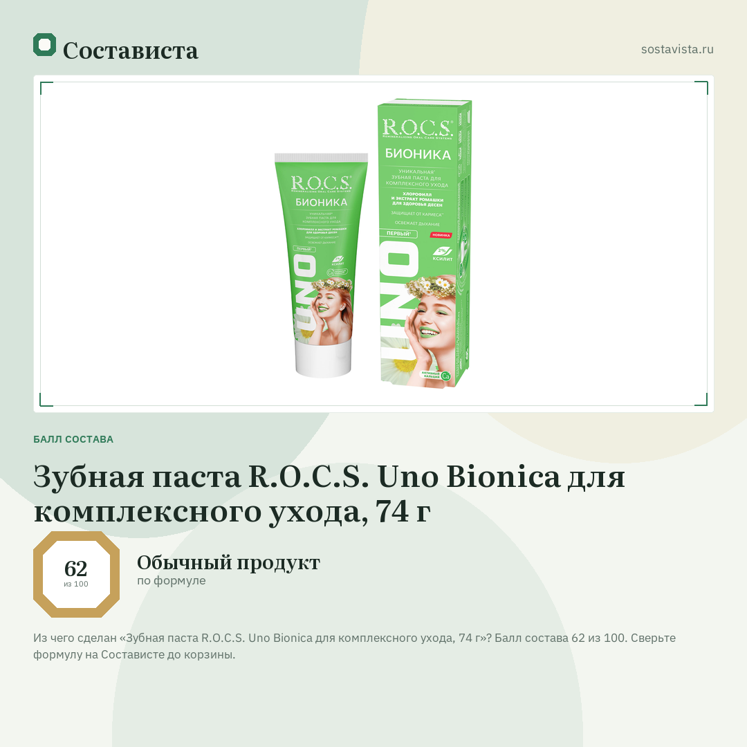Зубная паста R.O.C.S. Uno Bionica для комплексного ухода, 74 г: балл состава 62 из 100 — Состависта