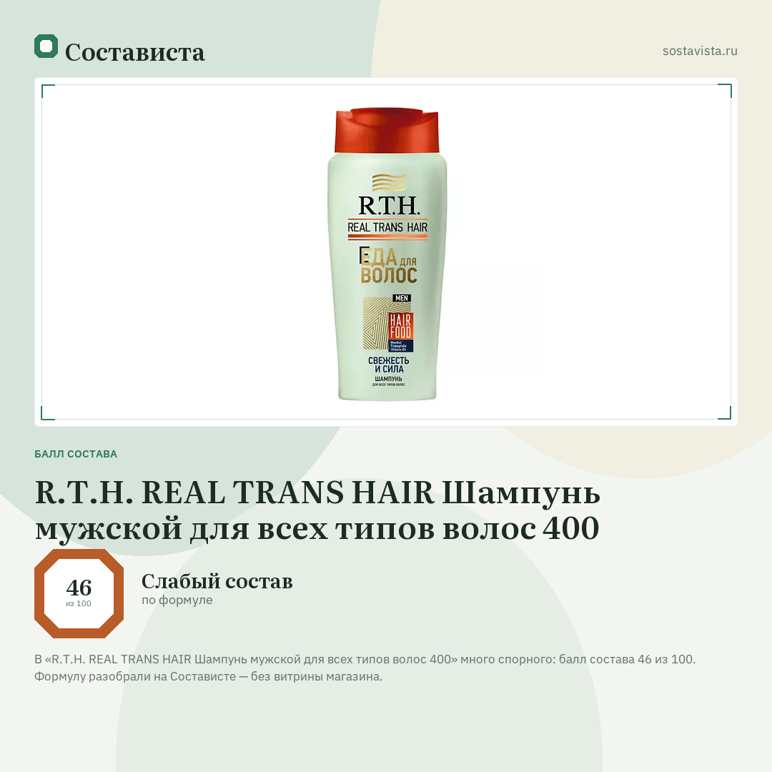 R.T.H. REAL TRANS HAIR Шампунь мужской для всех типов волос 400: балл состава 46 из 100 — Состависта