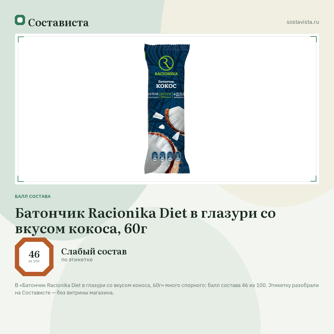 Батончик Racionika Diet в глазури со вкусом кокоса, 60г: балл состава 46 из 100 — Состависта