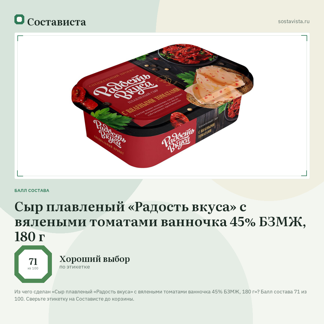 Сыр плавленый «Радость вкуса» с вялеными томатами ванночка 45% БЗМЖ, 180 г: балл состава 71 из 100 — Состависта