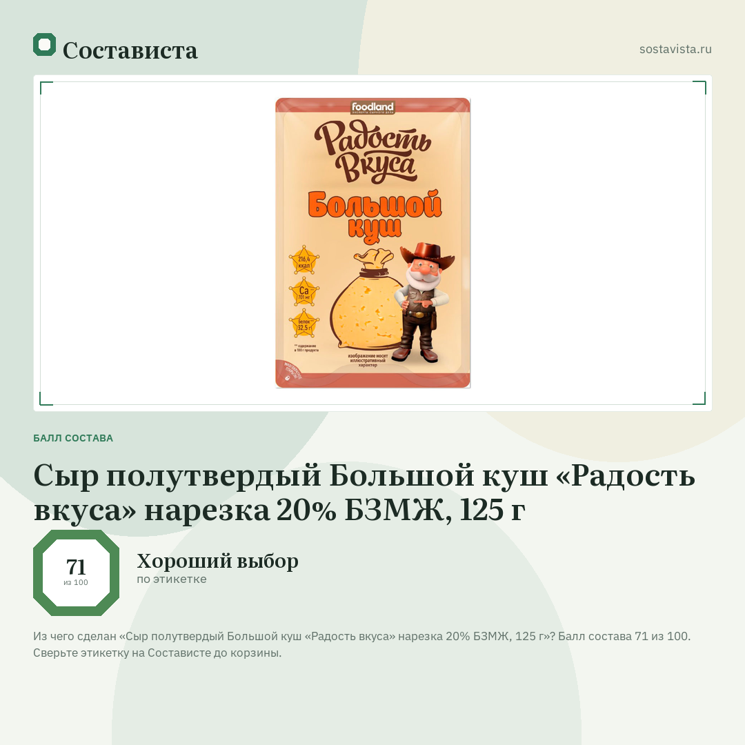Сыр полутвердый Большой куш «Радость вкуса» нарезка 20% БЗМЖ, 125 г: балл состава 71 из 100 — Состависта