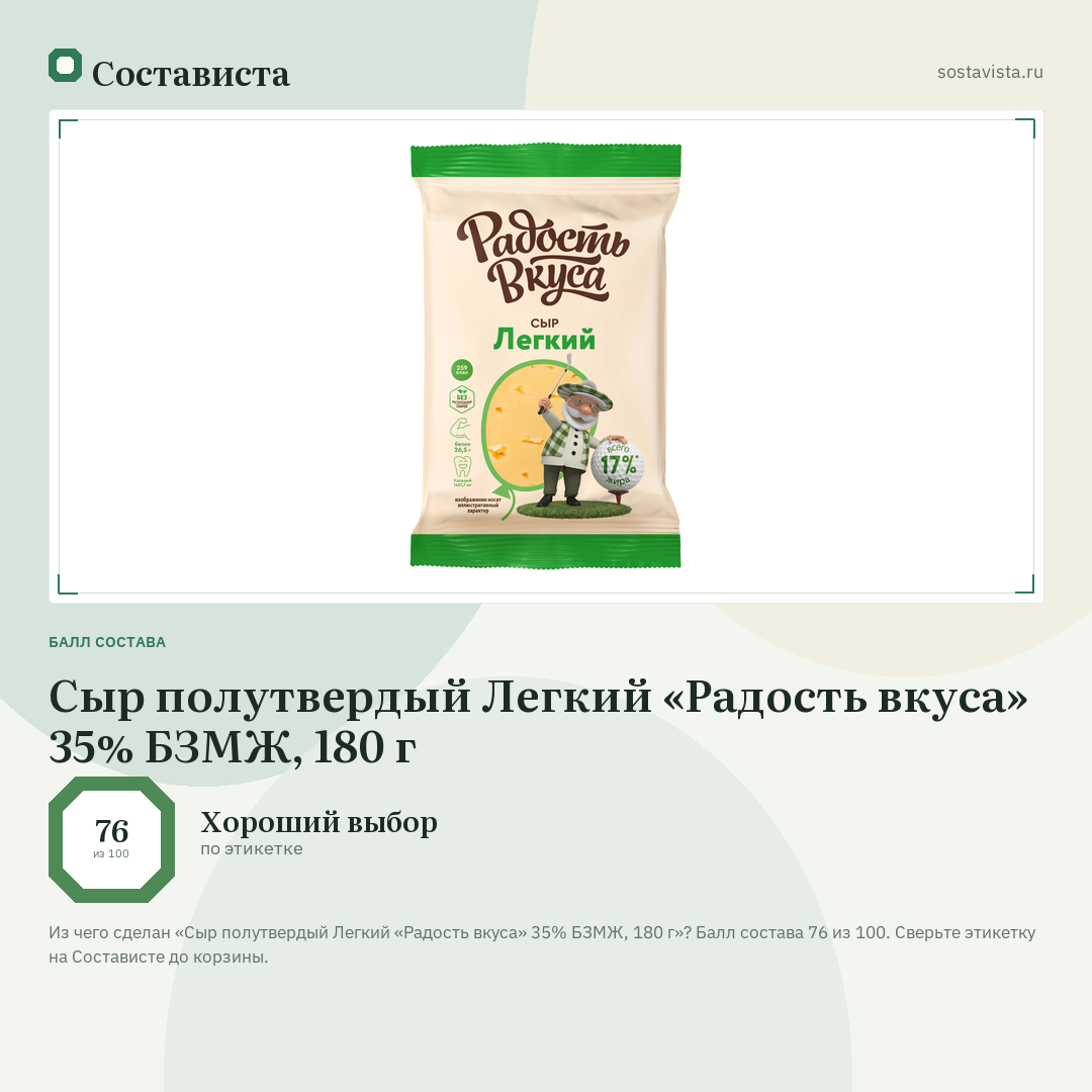 Сыр полутвердый Легкий «Радость вкуса» 35% БЗМЖ, 180 г: балл состава 76 из 100 — Состависта