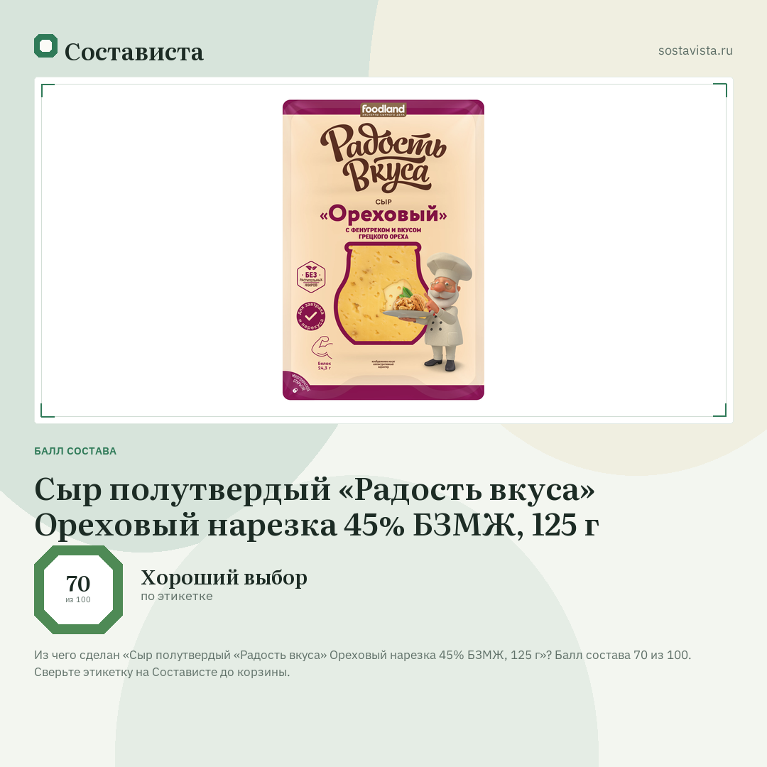 Сыр полутвердый «Радость вкуса» Ореховый нарезка 45% БЗМЖ, 125 г: балл состава 70 из 100 — Состависта