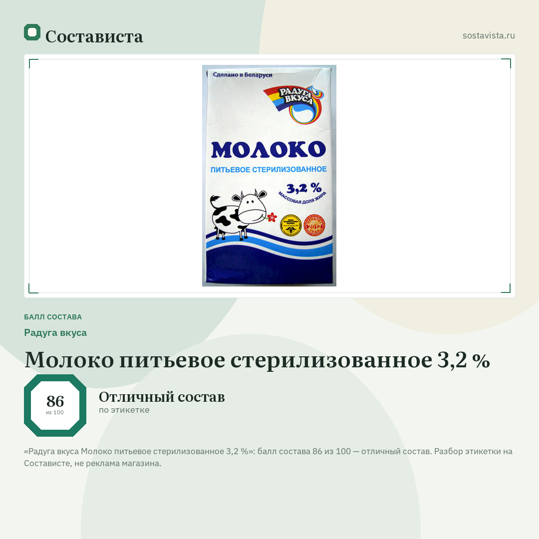Радуга вкуса Молоко питьевое стерилизованное 3,2 %: балл состава 86 из 100 — Состависта