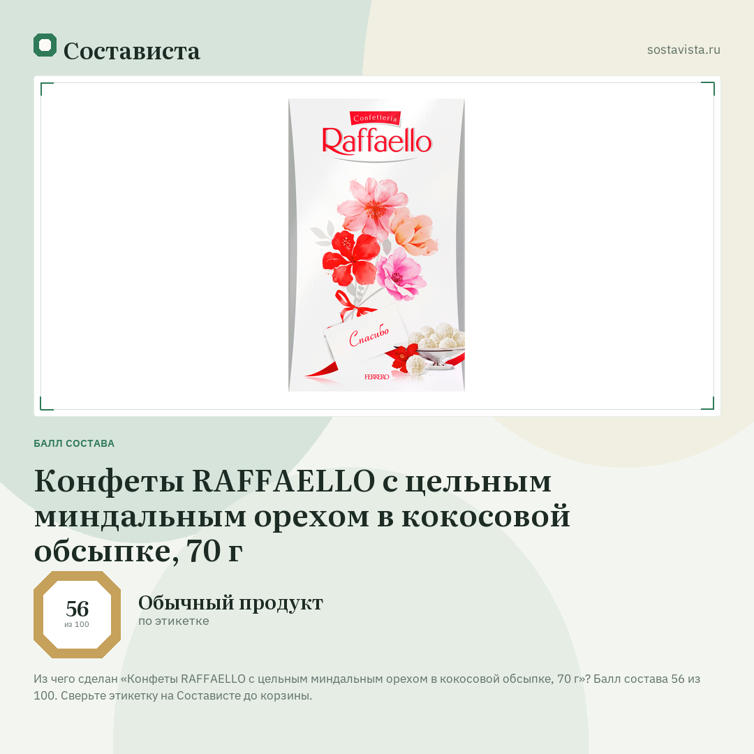 Конфеты RAFFAELLO с цельным миндальным орехом в кокосовой обсыпке, 70 г: балл состава 56 из 100 — Состависта