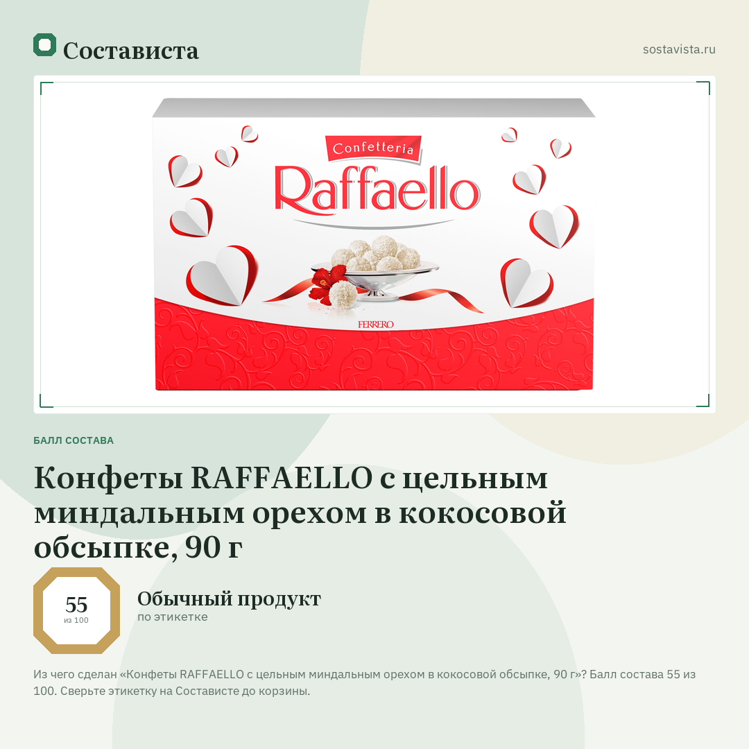 Конфеты RAFFAELLO с цельным миндальным орехом в кокосовой обсыпке, 90 г: балл состава 55 из 100 — Состависта