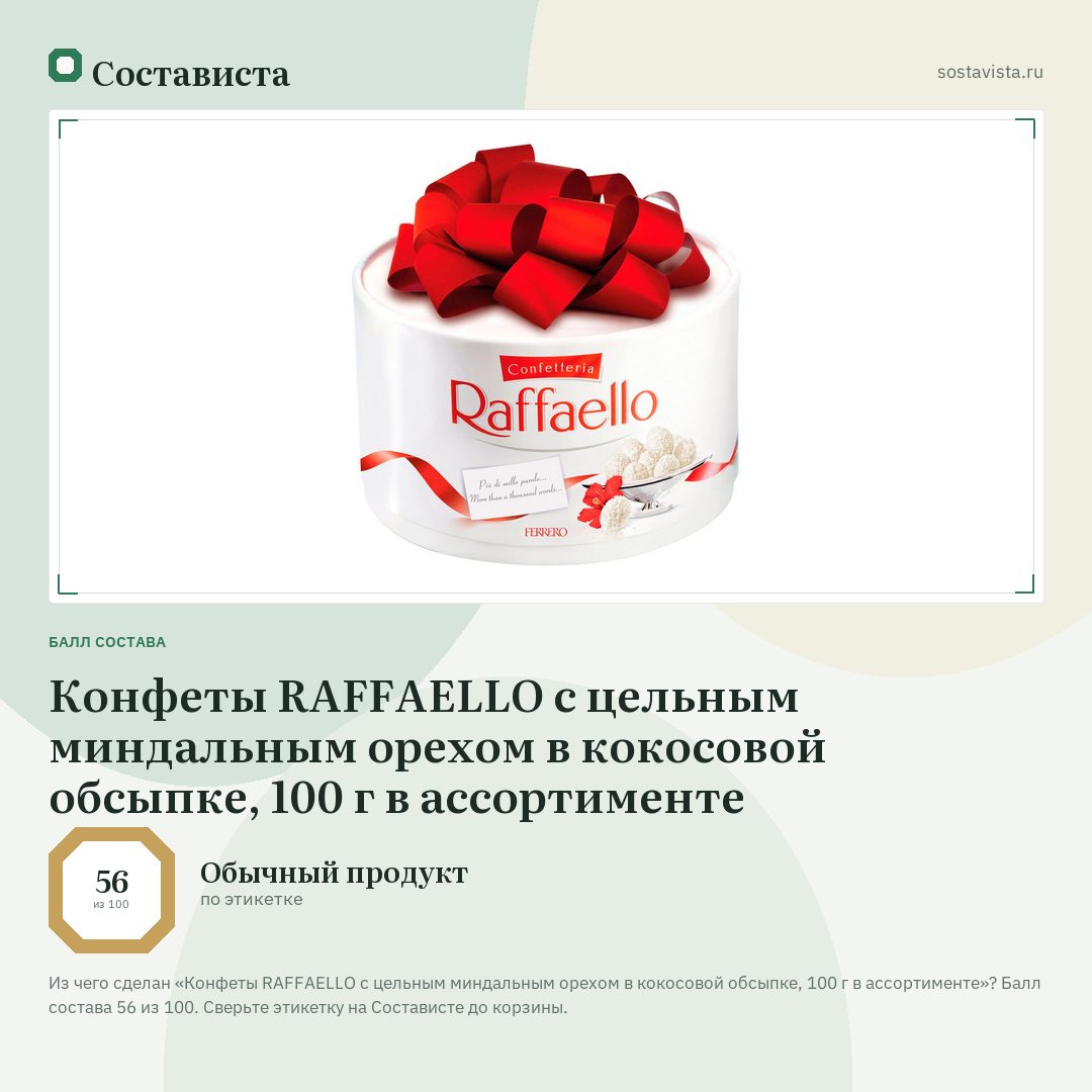 Конфеты RAFFAELLO с цельным миндальным орехом в кокосовой обсыпке, 100 г в ассортименте: балл состава 56 из 100 — Состависта