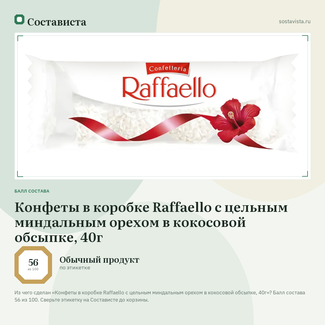 Конфеты в коробке Raffaello с цельным миндальным орехом в кокосовой обсыпке, 40г: балл состава 56 из 100 — Состависта