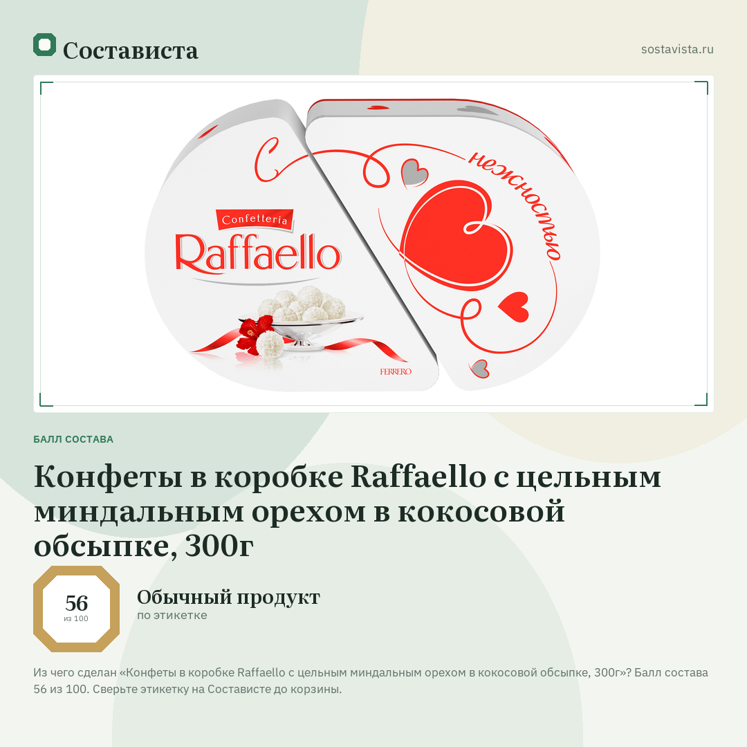 Конфеты в коробке Raffaello с цельным миндальным орехом в кокосовой обсыпке, 300г: балл состава 56 из 100 — Состависта