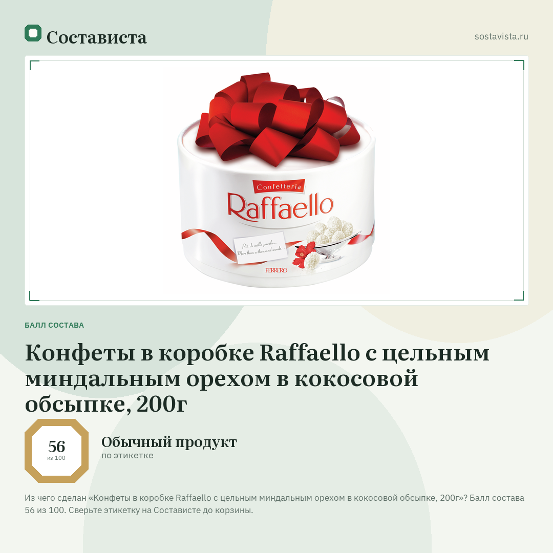 Конфеты в коробке Raffaello с цельным миндальным орехом в кокосовой обсыпке, 200г: балл состава 56 из 100 — Состависта