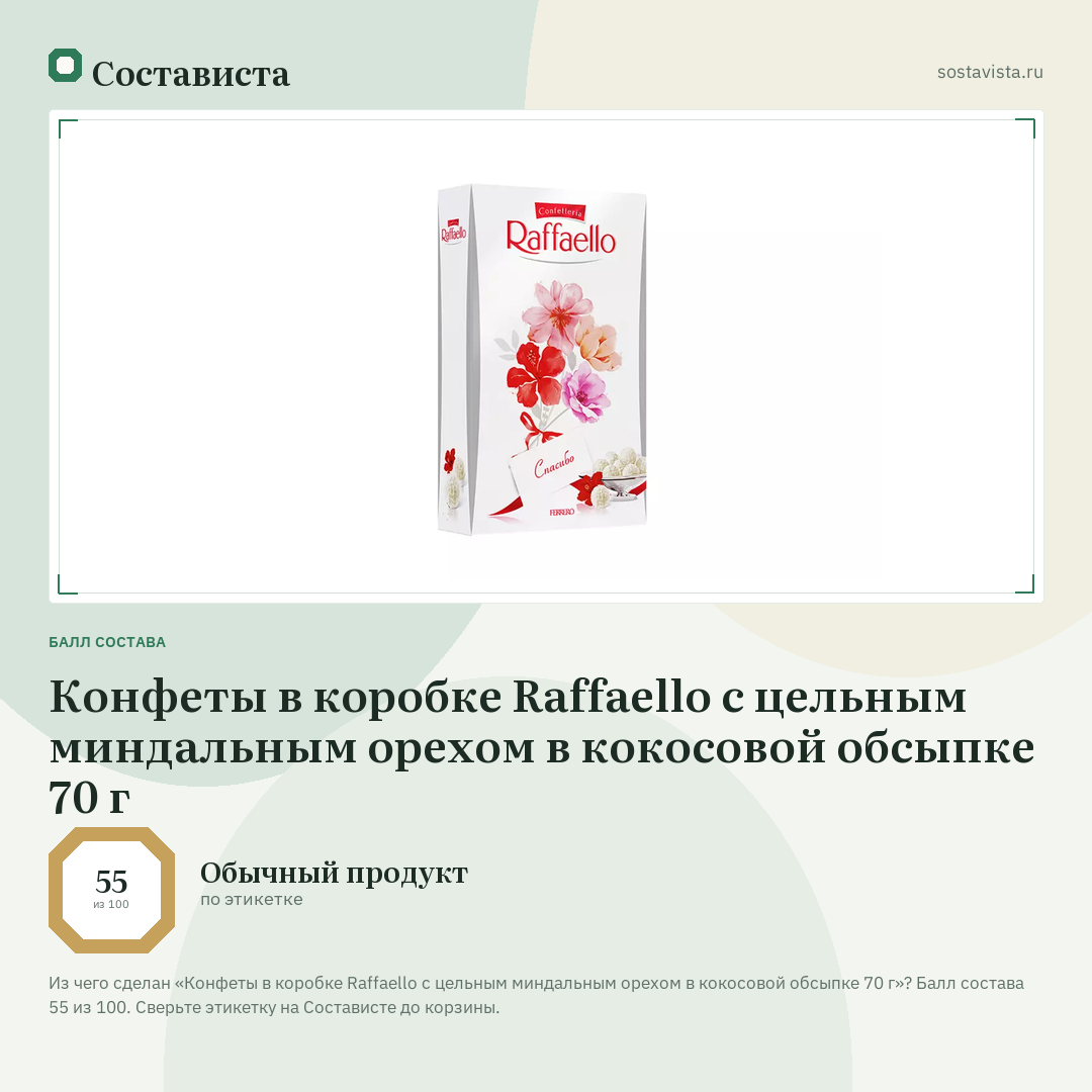 Конфеты в коробке Raffaello с цельным миндальным орехом в кокосовой обсыпке 70 г: балл состава 55 из 100 — Состависта