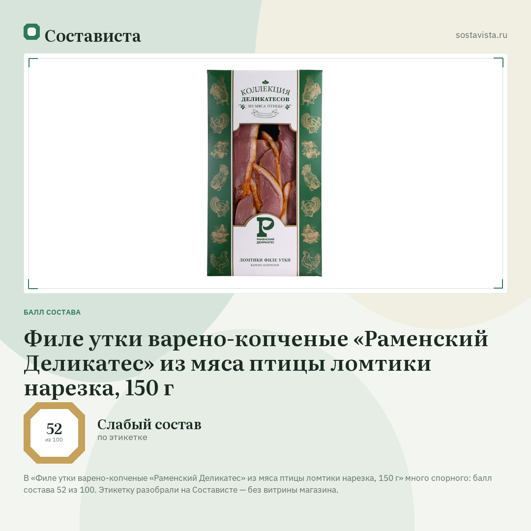 Филе утки варено-копченые «Раменский Деликатес» из мяса птицы ломтики нарезка, 150 г: балл состава 52 из 100 — Состависта