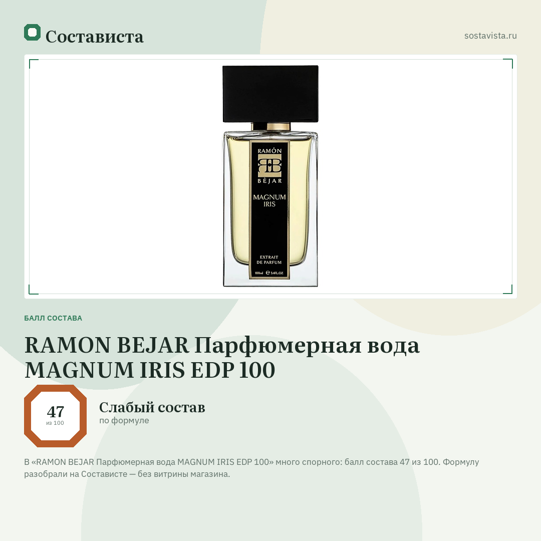 RAMON BEJAR Парфюмерная вода MAGNUM IRIS EDP 100: балл состава 47 из 100 — Состависта