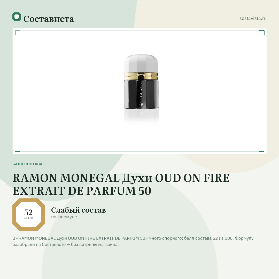 RAMON MONEGAL Духи OUD ON FIRE EXTRAIT DE PARFUM 50: балл состава 52 из 100 — Состависта