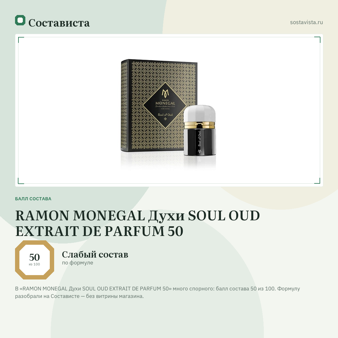 RAMON MONEGAL Духи SOUL OUD EXTRAIT DE PARFUM 50: балл состава 50 из 100 — Состависта